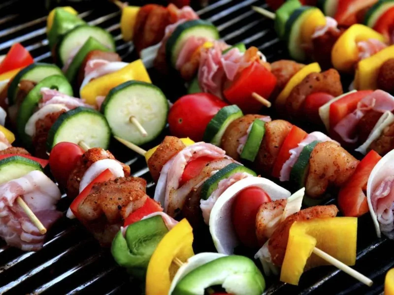 Pinchos con verduras carne y beicon