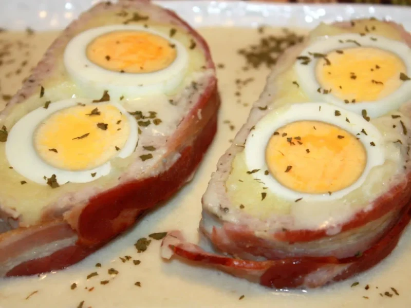Rollo de carne picada rellena con salsa de queso