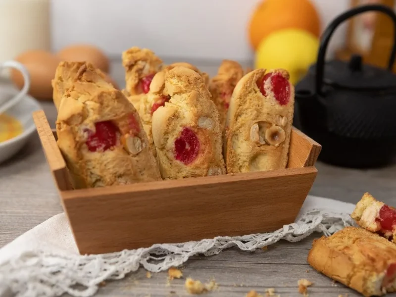 Carquiñolis con frutos secos y cerezas