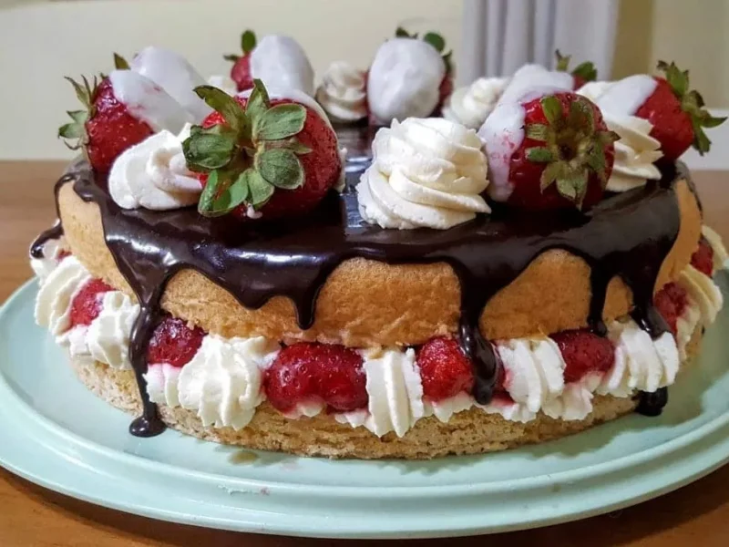 Bizcocho de fresa y nata con chocolate