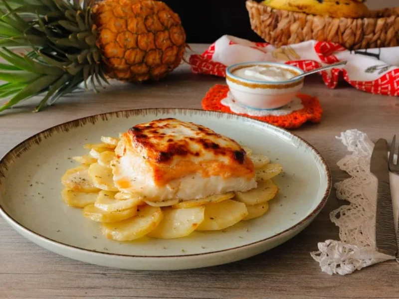 Merluza con salmón y patatas al horno