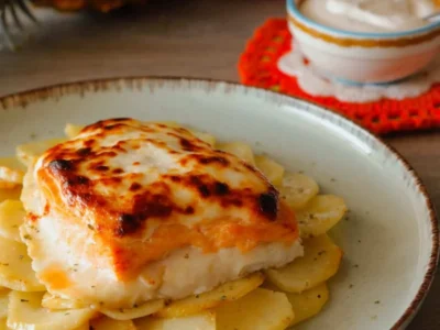 Merluza con salmón y patatas al horno