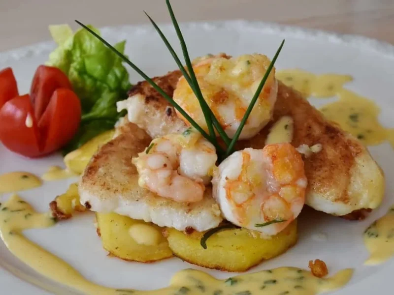 Timbal de lubina con patatas y gambas